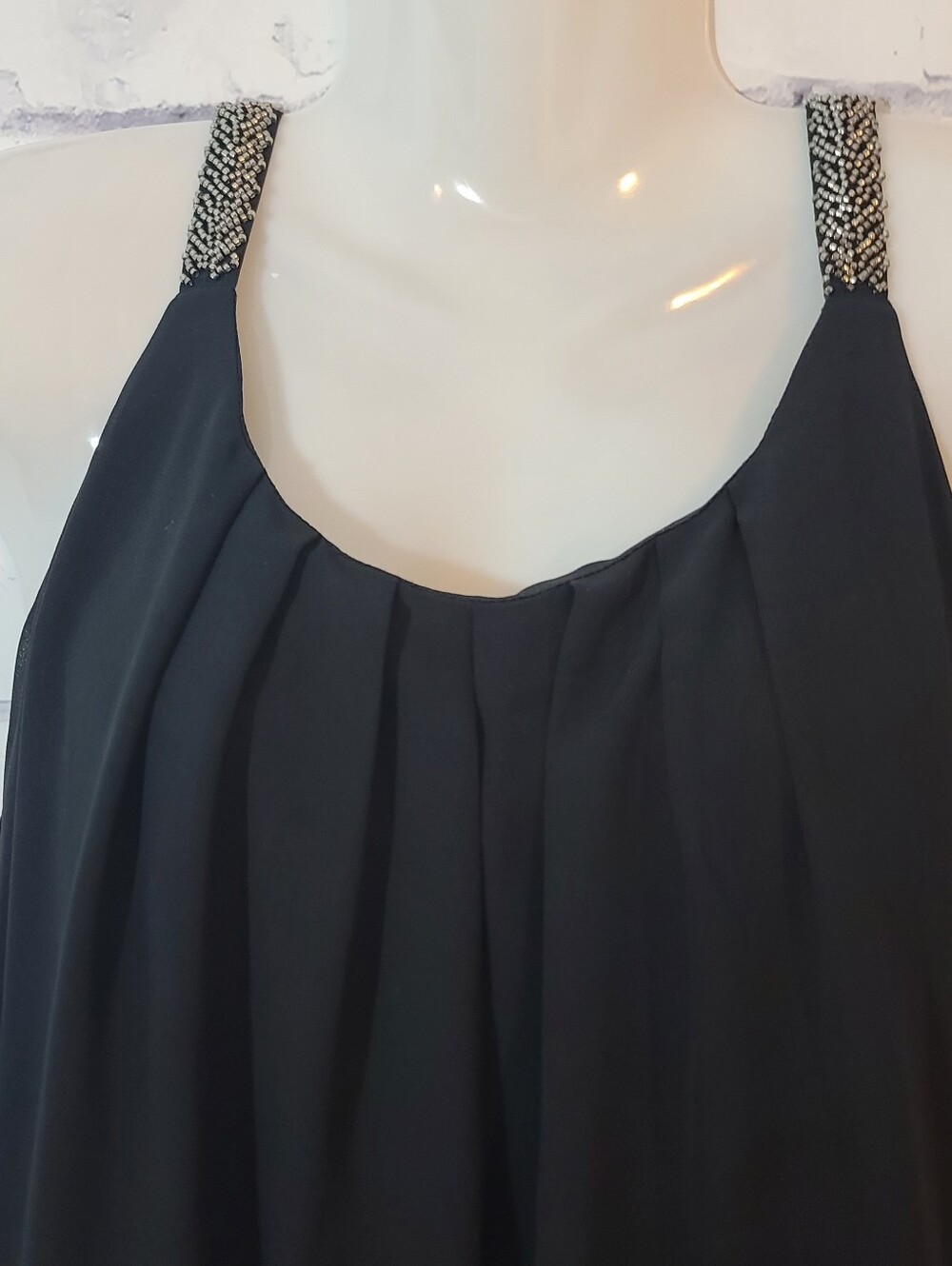 Maner Black Chiffon Layered Beaded Pleated Tank 4XL